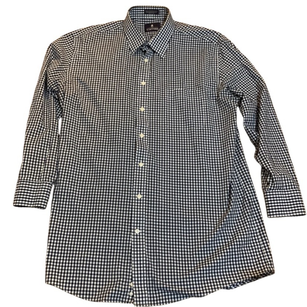 Stafford Navy Blue & White Gingham Button Down Fitted Dress Shirt Men’s